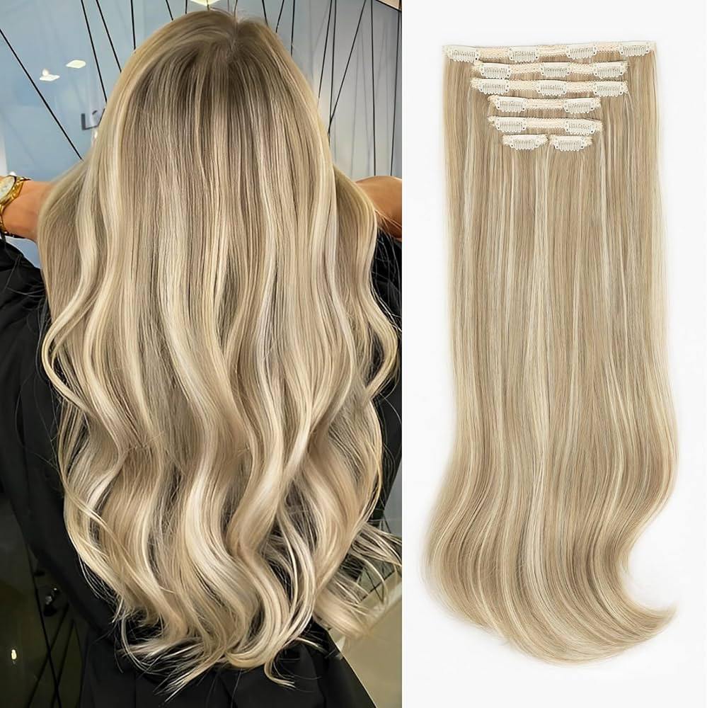 ALXNAN Clip in Hair Extensions, Dirty Blonde Mixed Bleach Blonde Hair Extensions Thick Long Strig... | Amazon (US)