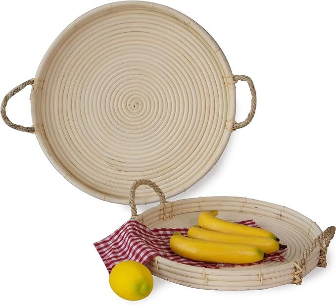 Set of 2 Round Wicker Serving Trays and Coffee Trays with Rope Handles | Hand Woven Serving and R... | Amazon (US)