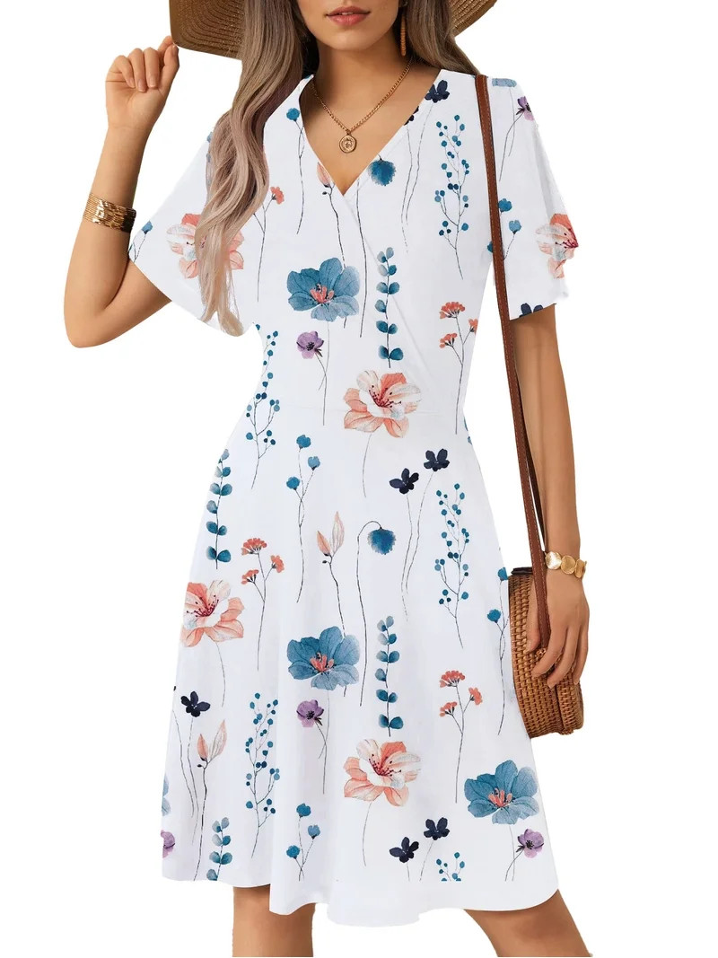 UVN Summer Dresses for Women Short Sleeve V Neck A-Line Midi Dress Boho Beach Floral Print Sundre... | Walmart (US)