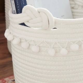 Round Cotton Rope White Pom-Pom Storage Baskets (Set of 3) | The Home Depot
