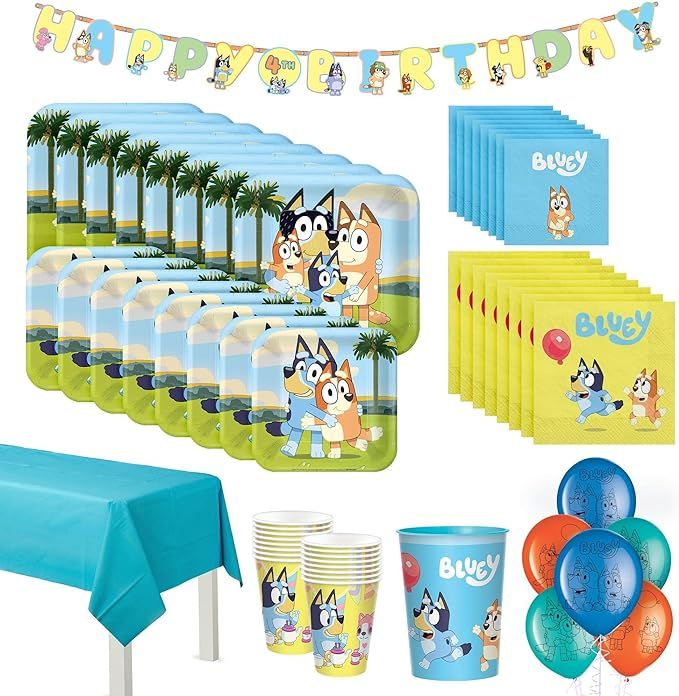 Bluey Tableware for 16 Guests, Party Supplies, with Banner, Scene Setter, Table Cover Balloons, F... | Amazon (US)