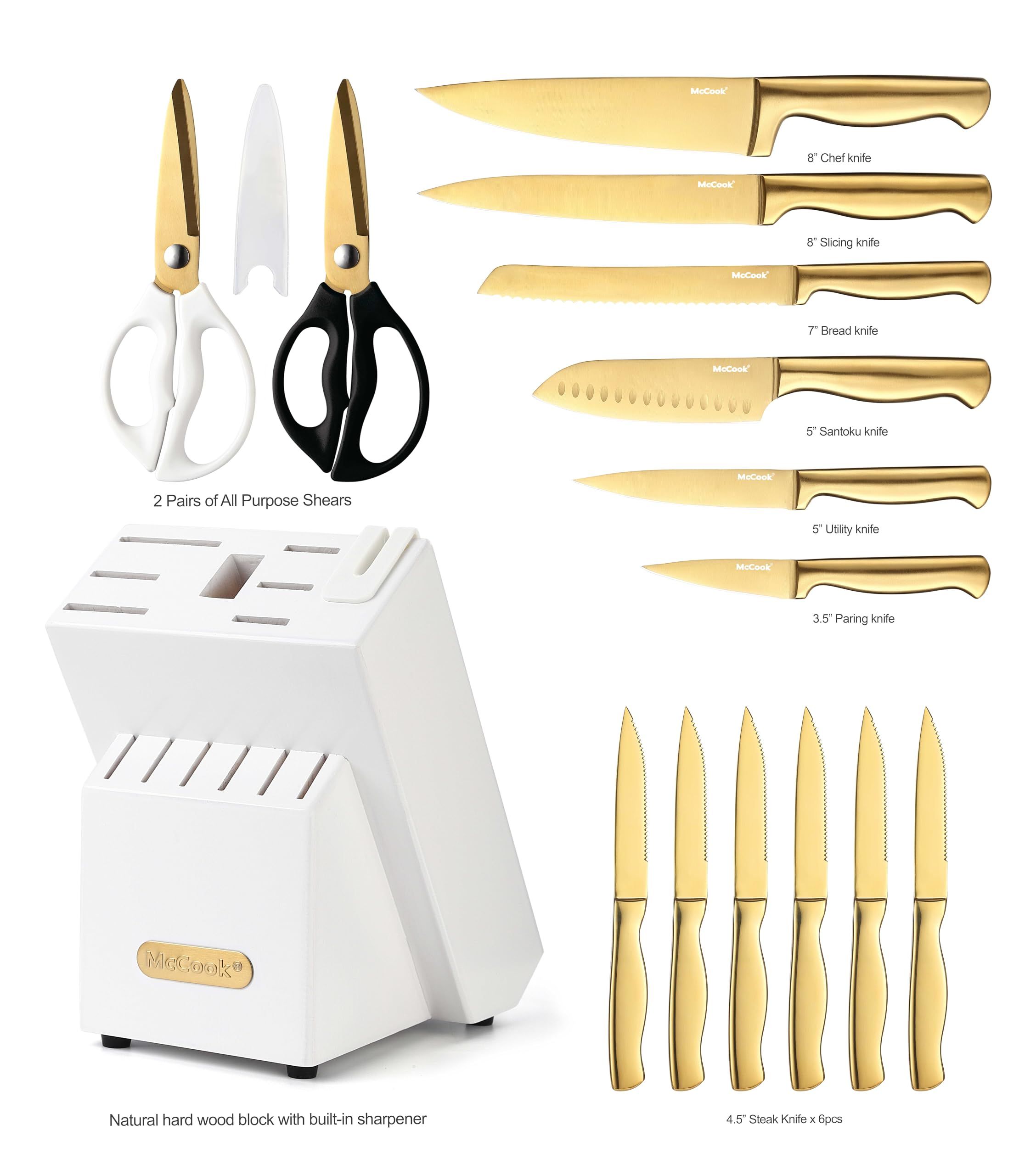 McCook® Knife Sets, Golden Titanium Stainless Steel Kitchen Knife Block Sets with Built-in Sharp... | Amazon (US)