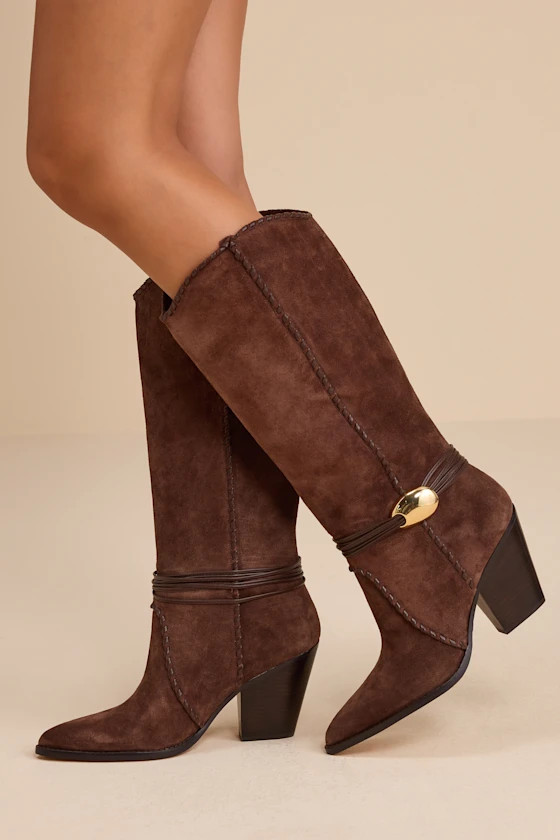 Jody Dark Brown Suede Leather Stitched Knee-High Boots | Lulus