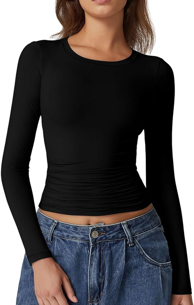 QINSEN Womens Crewneck Long Sleeve Shirt Double Lined Basic Tees Side Ruched Going Out Crop Tops | Amazon (US)
