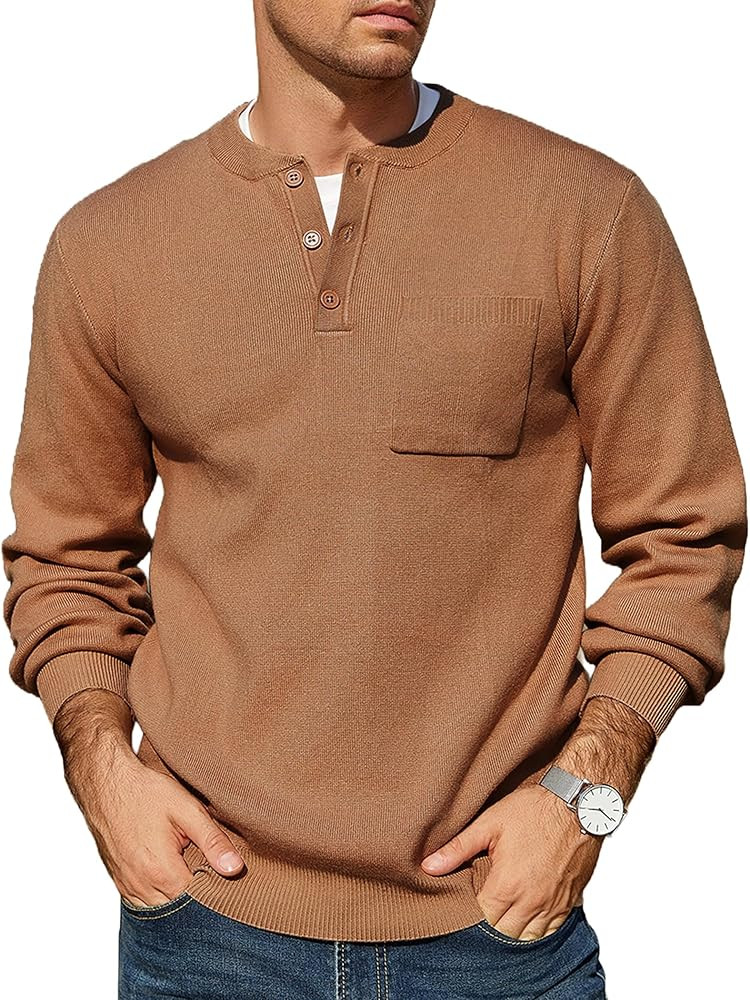 COOFANDY Men's Henley Knit Shirt Long Sleeve Soft Pullover Sweater with Chest Pocket | Amazon (US)