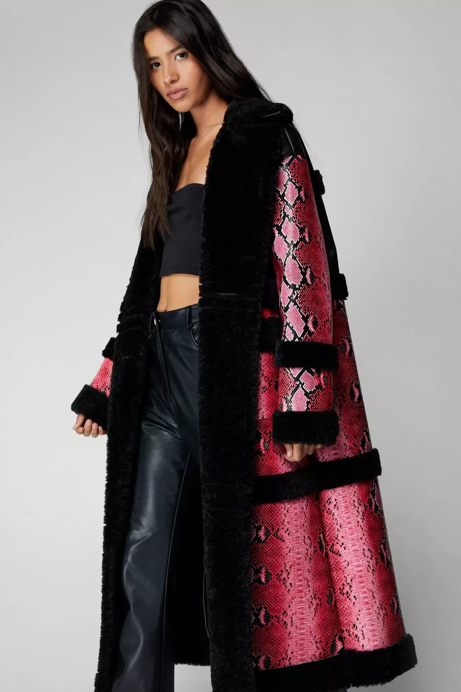 Premium Snake Faux Leather Maxi Aviator Jacket | Nasty Gal US