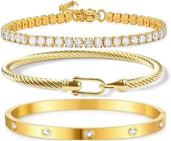 NEKVFO 18K Gold Plated Love Bracelet Set, Zircon Adjustable Bracelet Horseshoe Buckle Cable Brace... | Amazon (US)