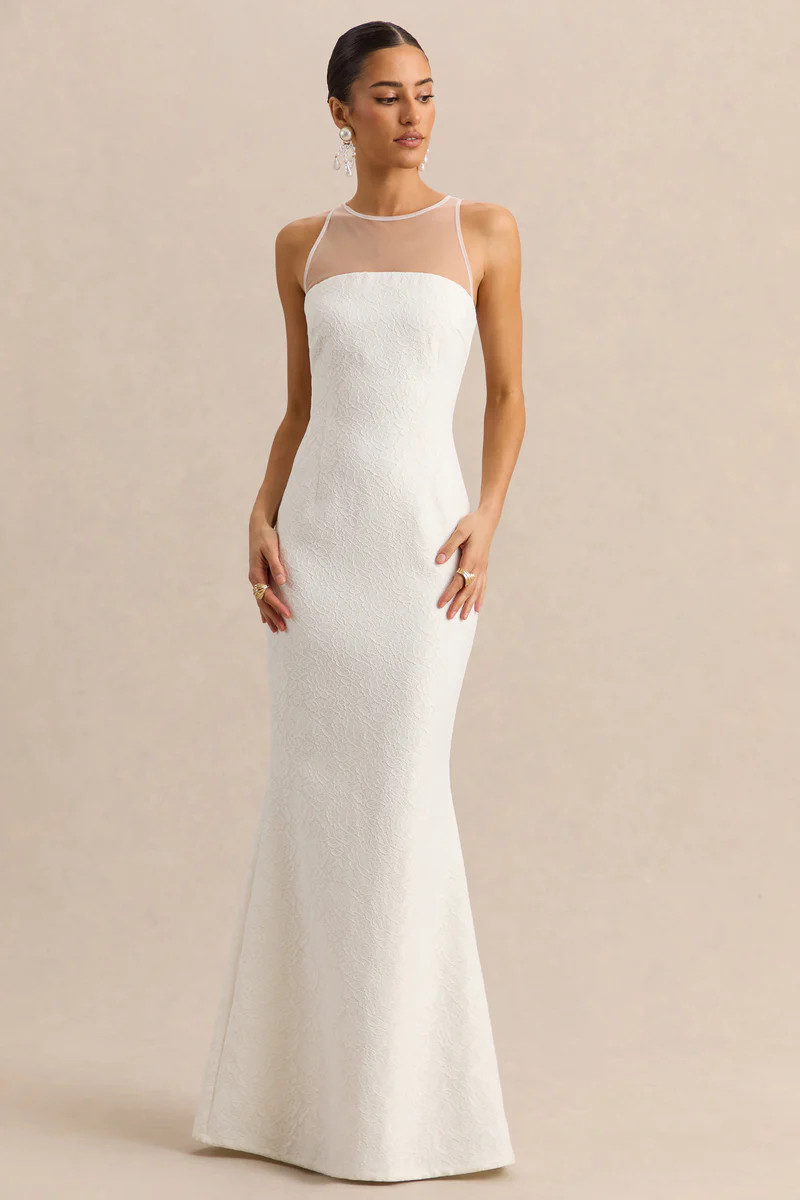 Rosevine  White Crew-Neck Maxi Dress With Mesh Panel | Club L London