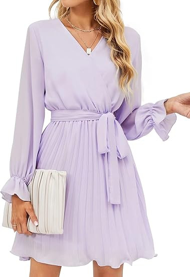 BBX Lephsnt Womens Wrap V Neck Dresses for Wedding Guest Casual Pleated Long Sleeve Mini Dress | Amazon (US)