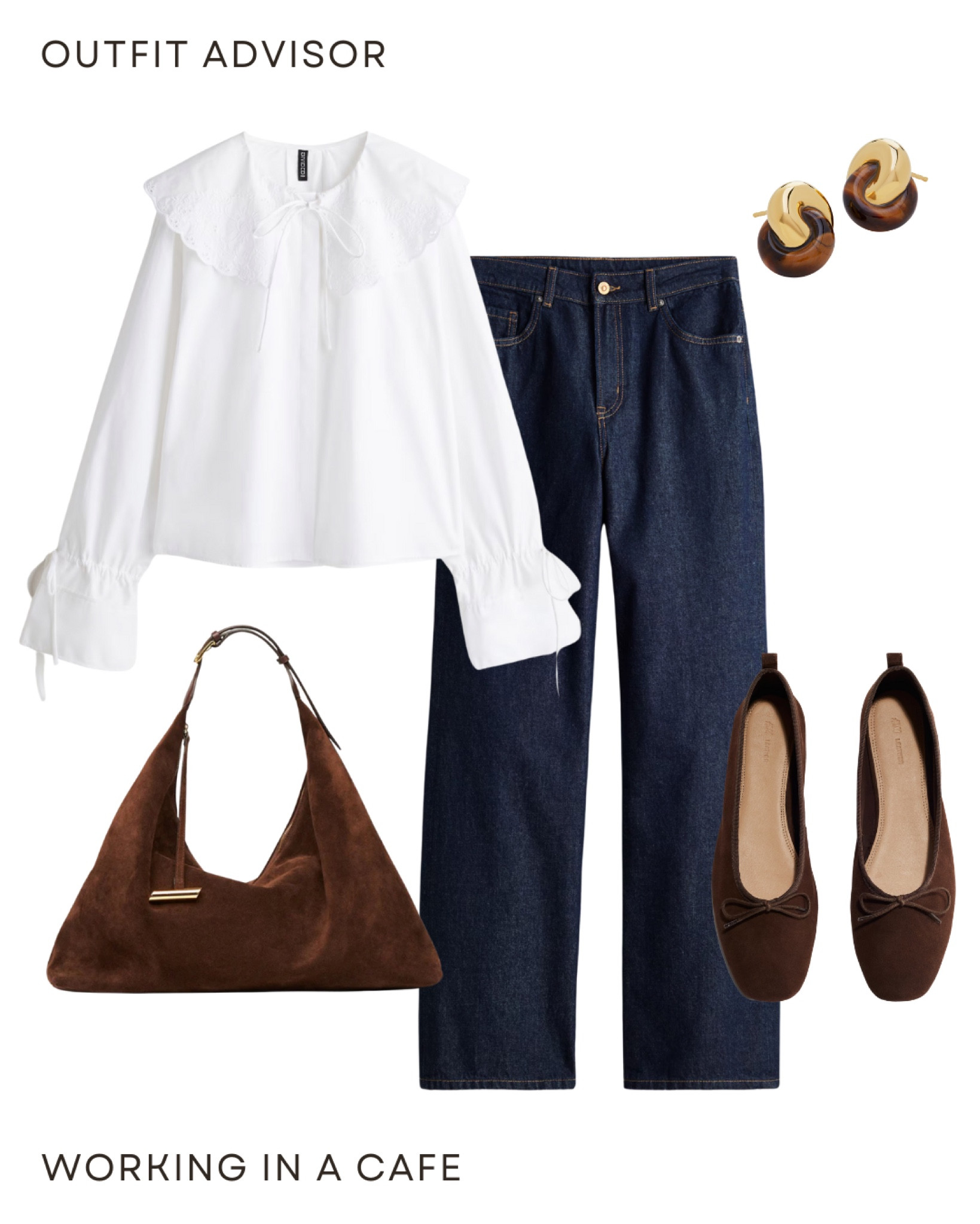 Chic transitional summer to autumn, back to school outfit idea: a suede bag, brown suede flats, a peplum top with long sleeves, dark wash denim jeans and gold earrings 

#LTKworkwear #LTKautumn #LTKbag