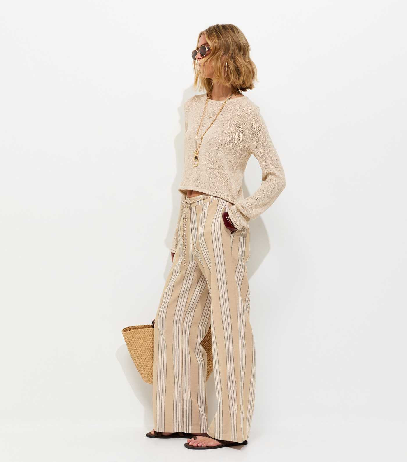 Mink Cotton Rich Striped Wide Leg Trousers | New Look | New Look (UK)