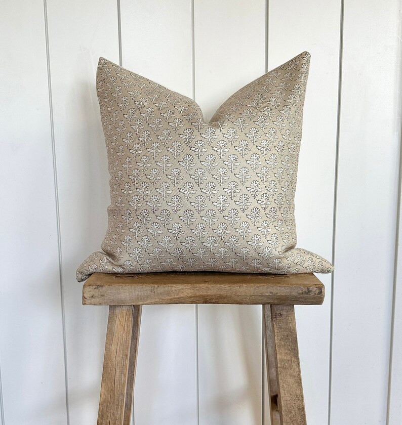 Neutral Floral Handblock Pillow Cover Designer Fabric Modern Farmhouse Neutral Home 18x18 20x20 2... | Etsy (US)