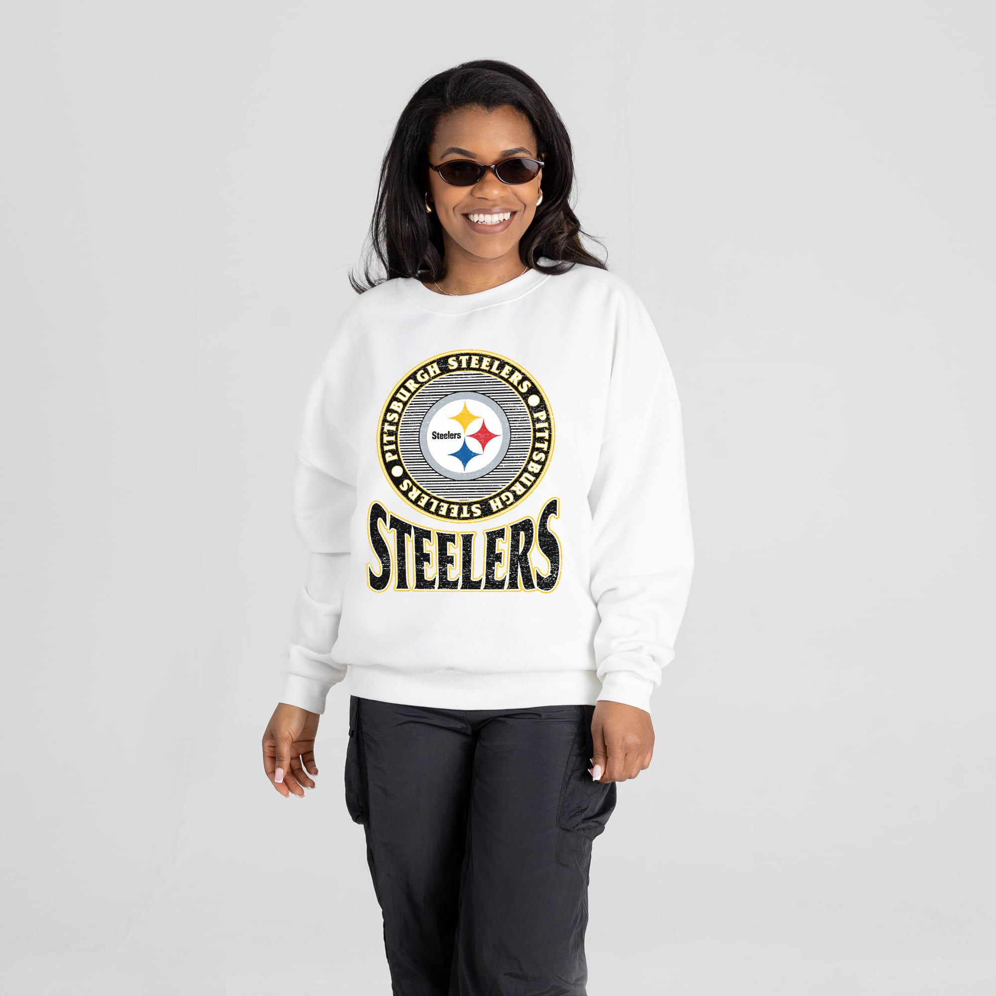Women's Pittsburgh Steelers Gameday Couture White Endzone Oversized Premium Drop Shoulder Sweatsh... | NFL Shop