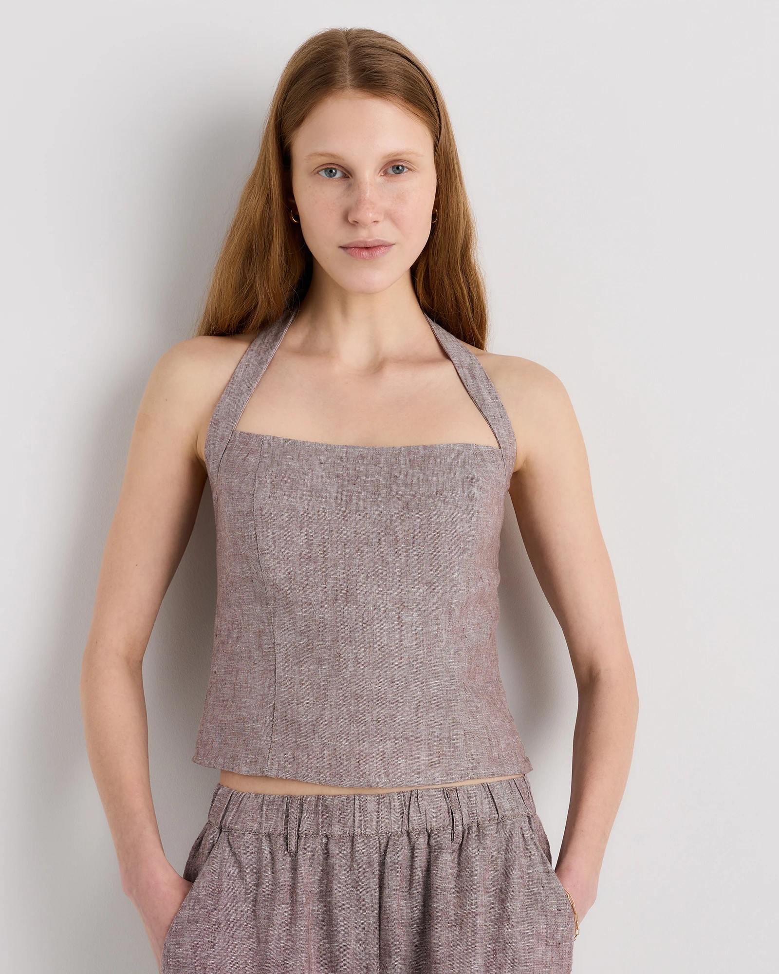Quince | Women's 100% European Linen Halter Top in Red Classic Mini Gingham, Size Medium | Quince