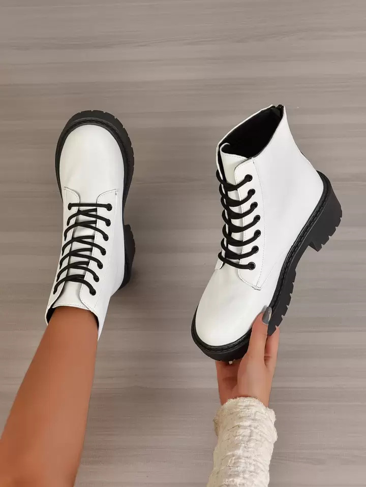 Zipper Back Lace-up Front Combat Boots, Women's Fashionable Chunky Heeled White Solid Color Boots | SHEIN