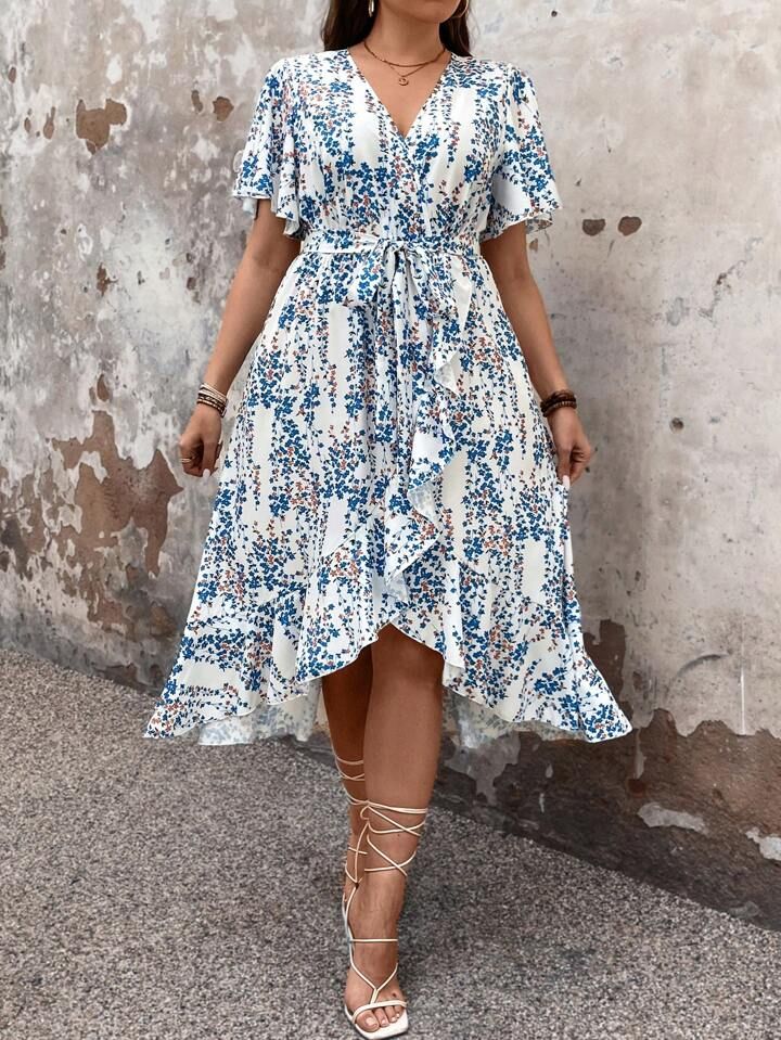 Plus Size Wrap Style Sunflower Print Ruffled Hem Dress | SHEIN