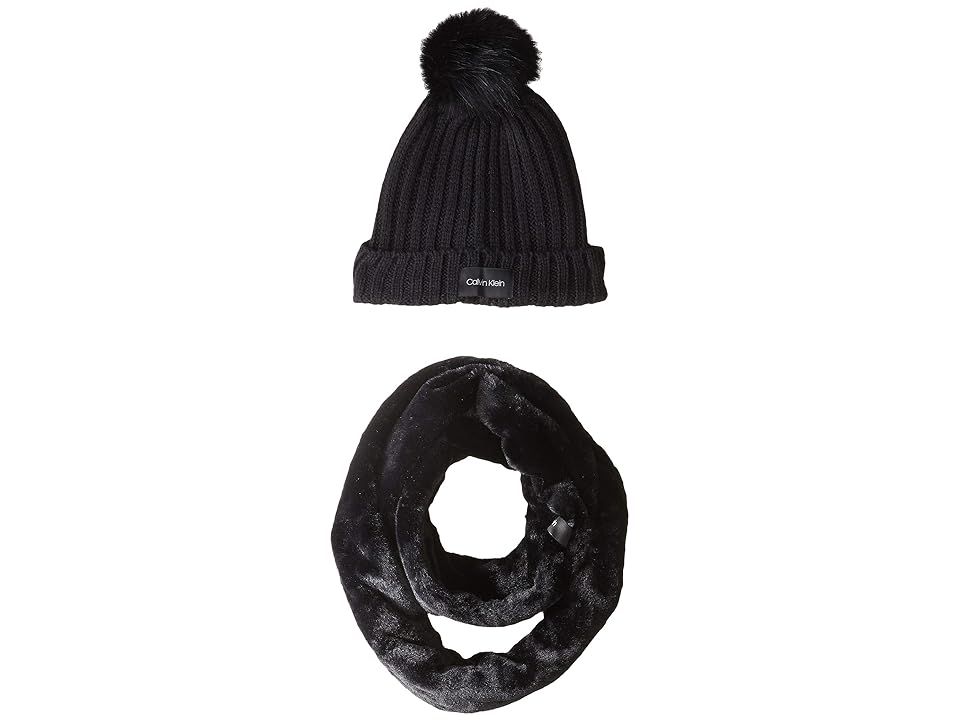 Calvin Klein Faux Fur Two-Piece Set (Black) Scarves | Zappos