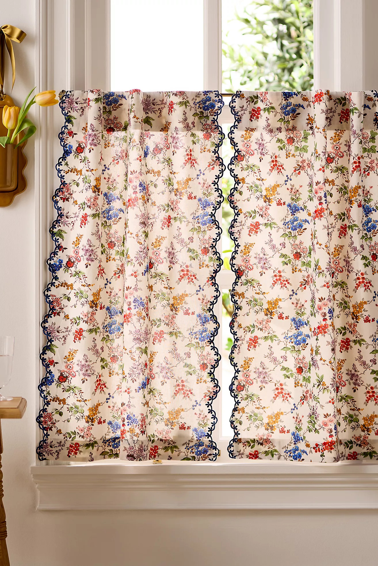 Alina Cotton Printed Embroidered Scalloped Cafe Curtain, Set of 2 | Anthropologie (US)