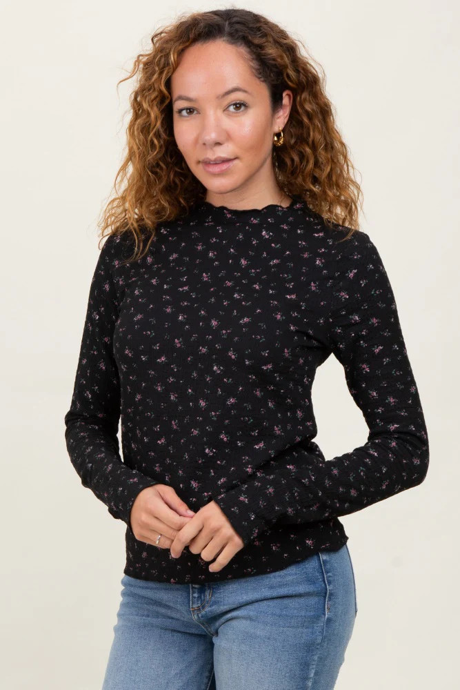Black Floral Crinkled Texture High Neck Long Sleeve | PinkBlush Maternity