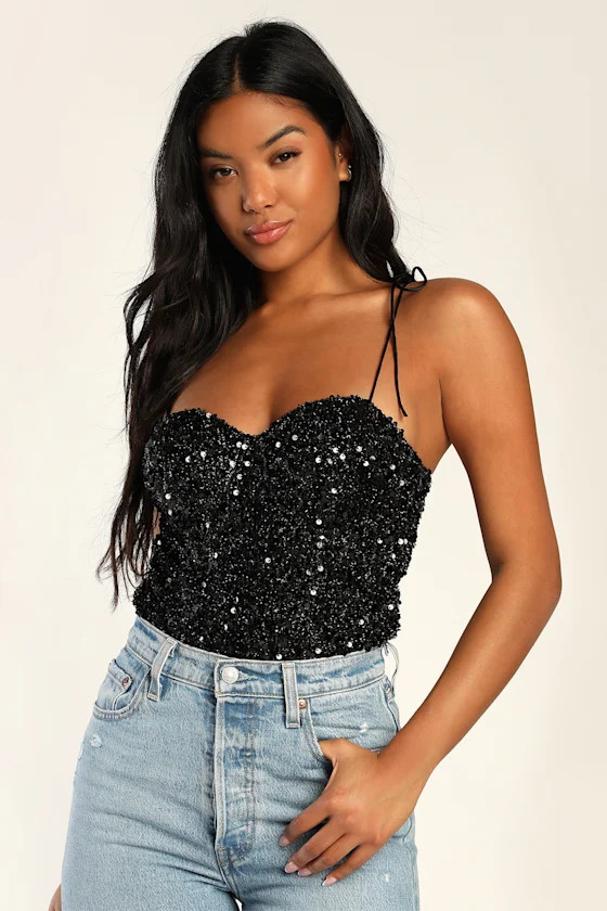 Sultry Sweetheart Shiny Black Sequin Tie-Strap Bustier Bodysuit | Lulus (US)
