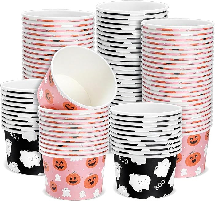 100 Pcs 8 oz Halloween Treat Snack Cups Pink Ghost Pumpkin Disposable Bowls Boo Halloween Paper B... | Amazon (US)