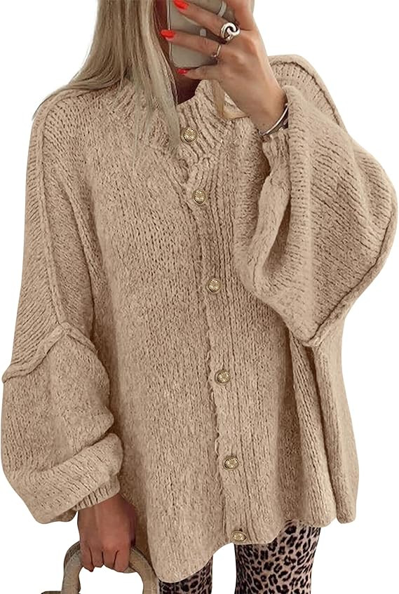 BTFBM Cardigan Sweaters for Women 2026 Fall Clothes Lantern Long Sleeve Button Open Front Chunky ... | Amazon (US)