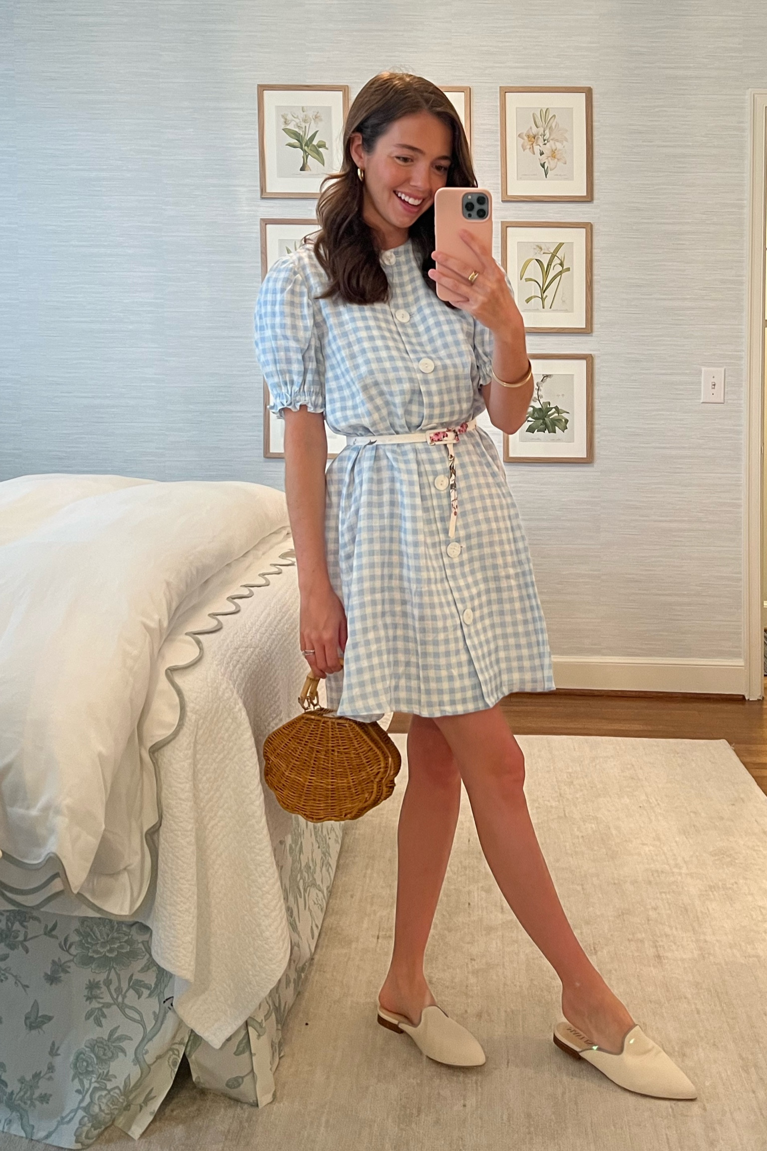 blue gingham dress + wicker shell bag + maylis slides 🤍