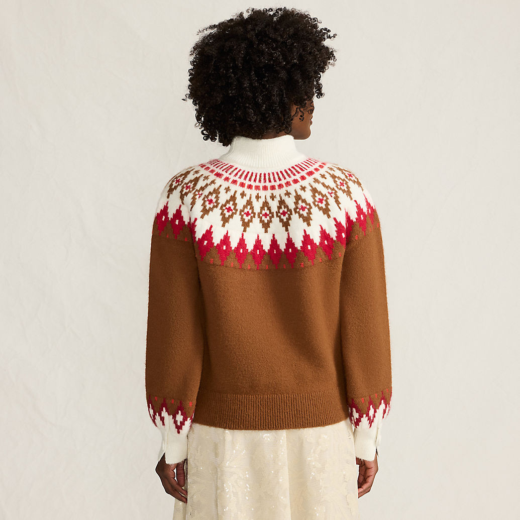 Women's Fuzzy Turtleneck Lantern Sleeve Jacquard Sweater | Lands' End (US)