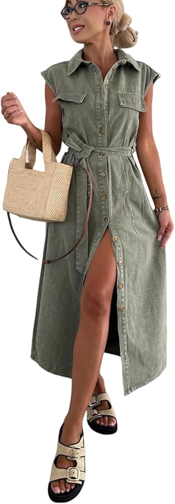 utcoco Womens Summer Casual Belted Cap Sleeve Denim Shirt Dresses Button Down Jean Long Dress | Amazon (US)