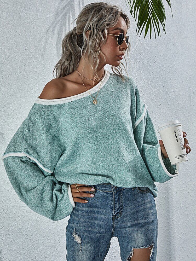 Contrast Binding Fringe Trim Oversized Sweater | SHEIN