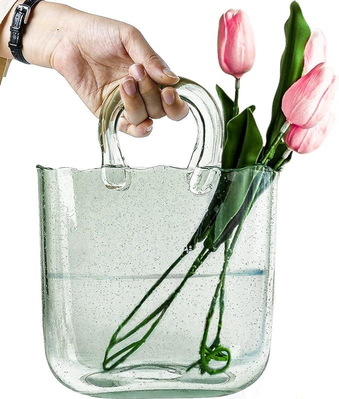 OLEEK Purse vase for Flowers (Handmade) Green Glass Bag vase -10Inches- Clear, Cool & Cute vase f... | Amazon (US)