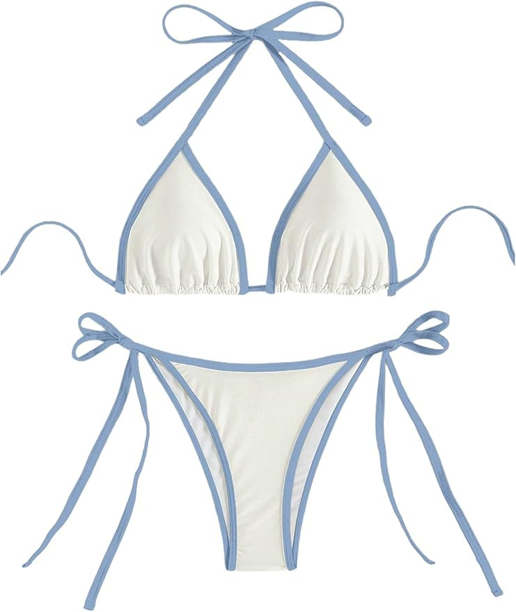 GORGLITTER Women's Contrast Binding Triangle Bathing Suit Halter Swimsuit Tie Side Thong Bikini S... | Amazon (US)