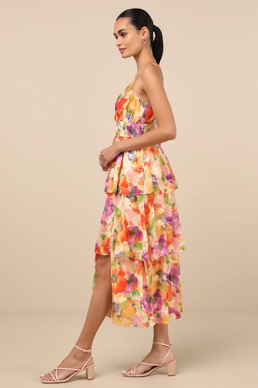 Olesia Yellow Abstract Floral Print Tiered Midi Dress | Lulus