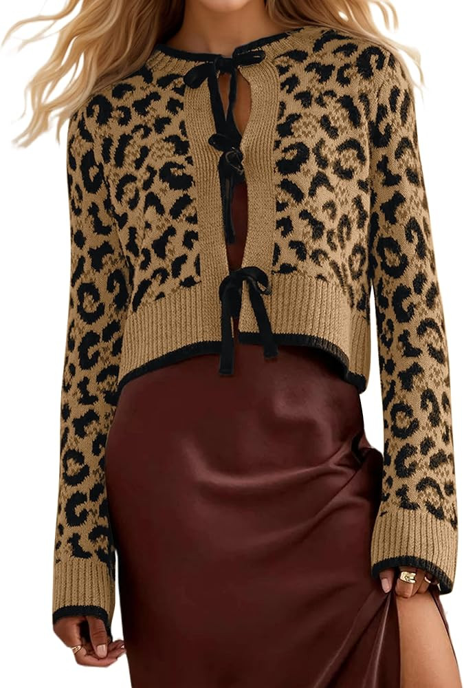 Ythomm Women Leopard Print Bow Tie Cardigan Sweaters Long Sleeve Crewneck Open Front Knit Cardiga... | Amazon (US)