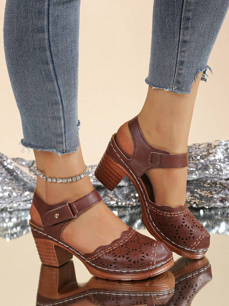 Plus Size Women's Summer New Thick Heel Strap Hollow High Heel Sandals | SHEIN