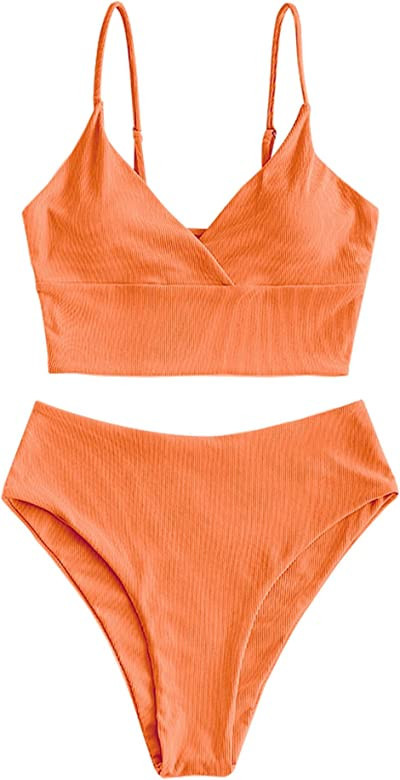 ZAFUL Women's V Neck Tankini Set, Ribbed High Cut Surplice Bikini High Waisted Two Piece Swimsuit | Amazon (US)