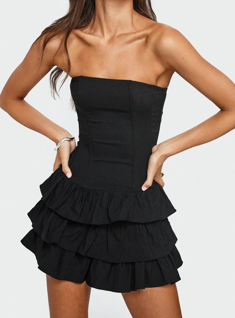 Valentia Tiered Mini Dress Black | Princess Polly US