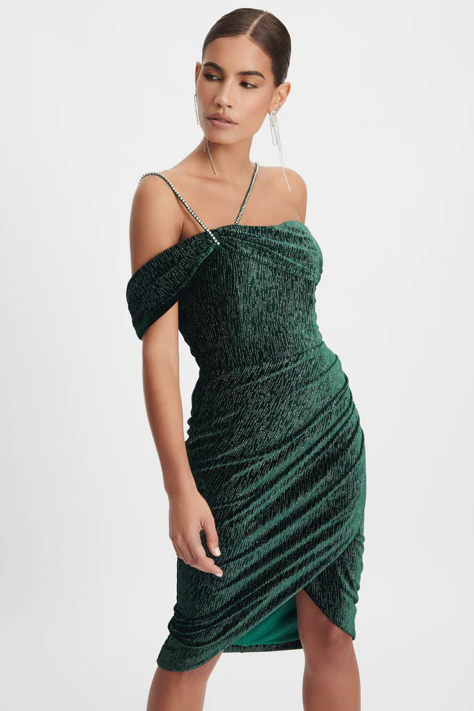 LEILA Diamante Strap Velvet Midi Dress In Emerald Green | Lavish Alice