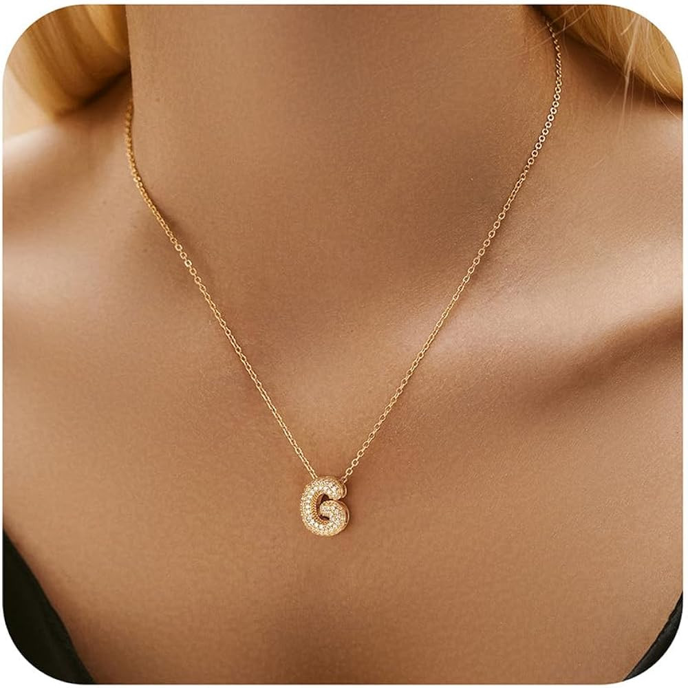 Turandoss Bubble Letter Necklace Gold - 18K Gold Necklaces Cubic Zirconia Initial Pendant Necklac... | Amazon (US)