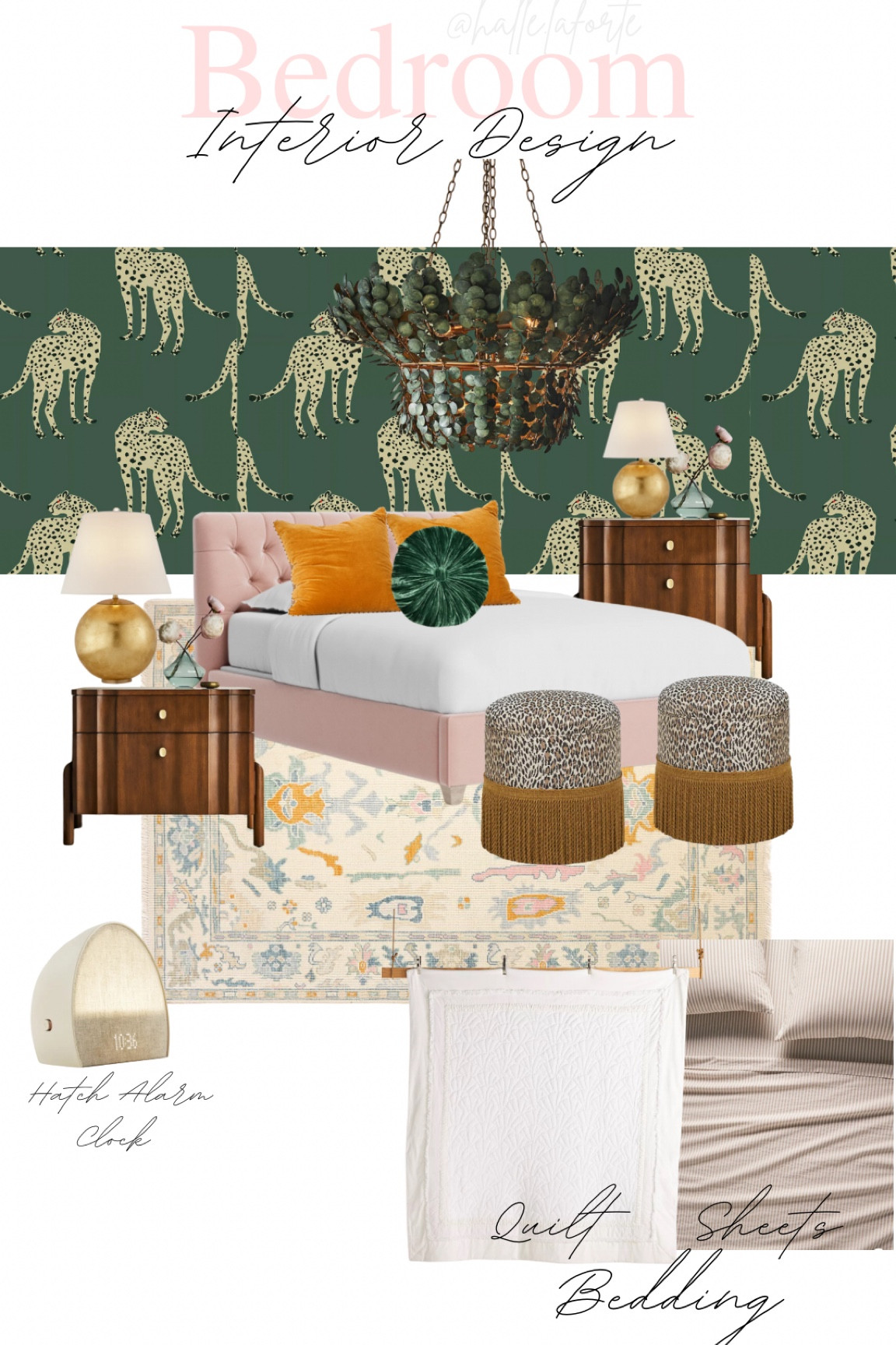Home decor 
Interior design 
Leopard ottoman 
Pink velvet bed 
Dark wood nightstand 
Gold lamps 
Green chandelier 
Anthropologie home decor Anthropologie chandelier 

Anthropologie 
Hatch alarm clock 
Bedding 
Comforter 
Quilt 
Pillows 
Leopard wallpaper 
Animal wallpaper 

#LTKKids #LTKFamily #LTKHome