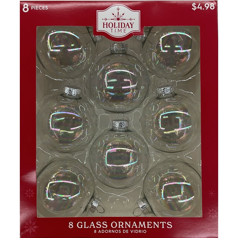 Holiday Time Iridescent Glass Ball Ornaments, 2 5/8" (67MM), 8 Count, Boxed Glass, Clear | Walmart (US)