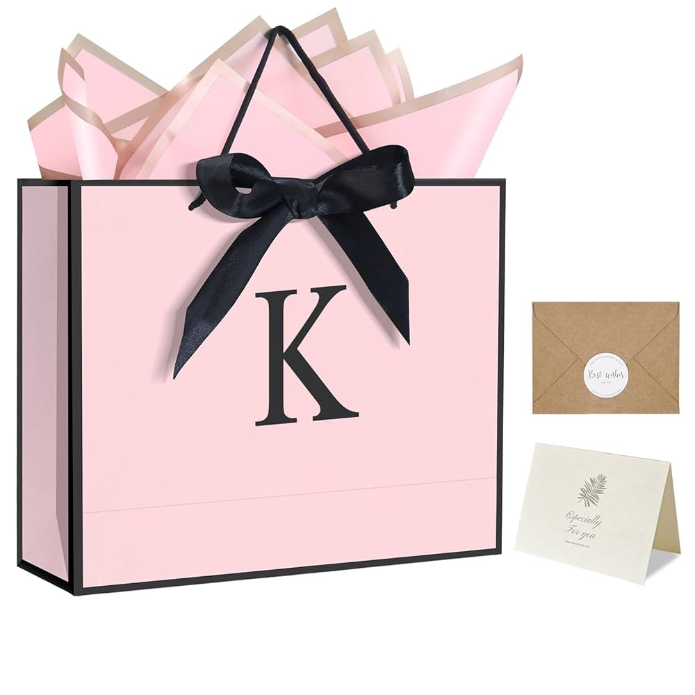 QLSKO Personalized Initial Paper Bag for Women Grils,Monogrammed Gift Bag with Bow Ribbon,Wrappin... | Amazon (US)