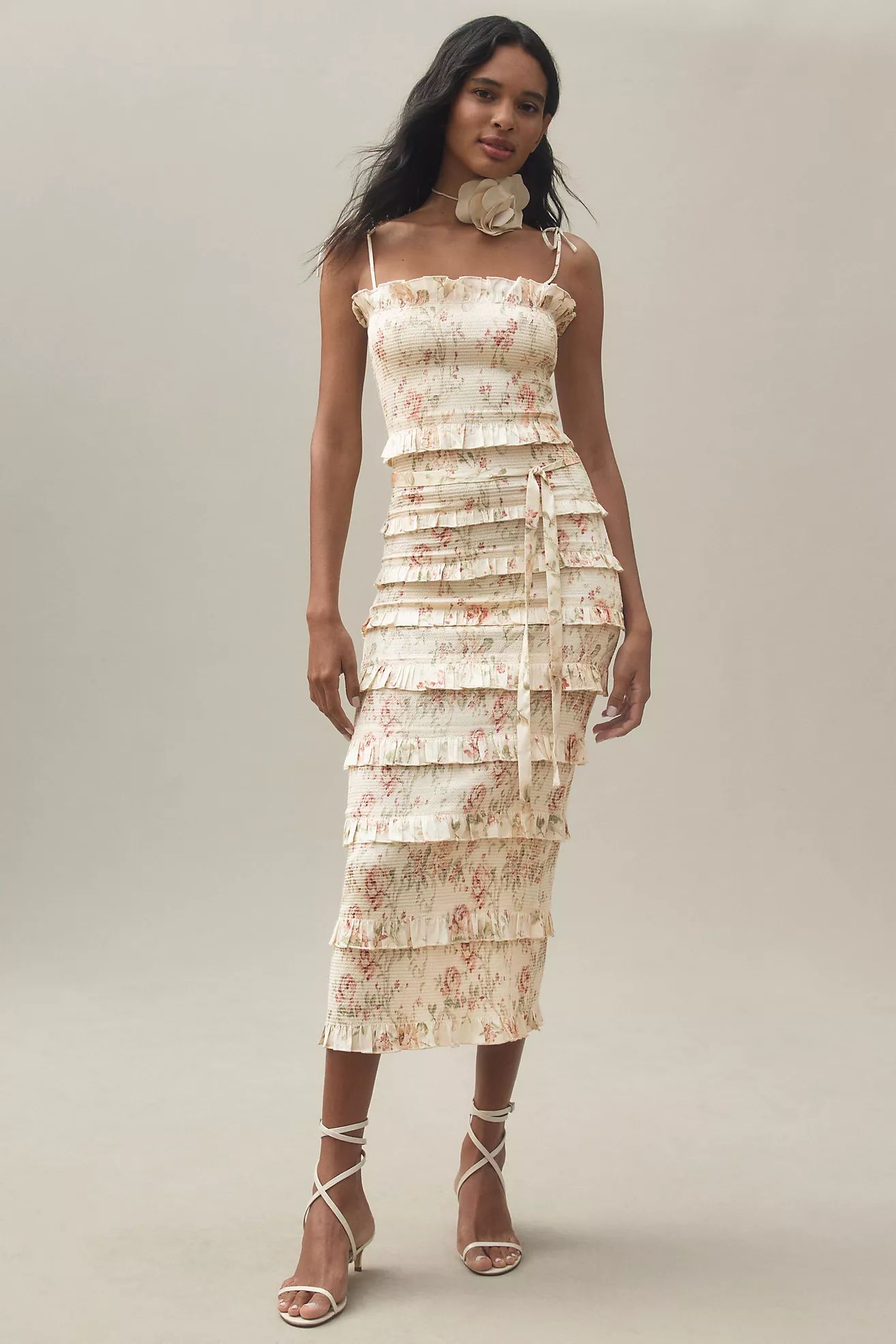 V. Chapman Lily Printed Ruched & Ruffled Stretch Midi Dress | Anthropologie (US)