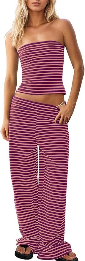 Womens Striped Two Piece Outfit Strapless Tube Top Wide Leg Pants Matching Set Summer Beach Vacat... | Amazon (US)