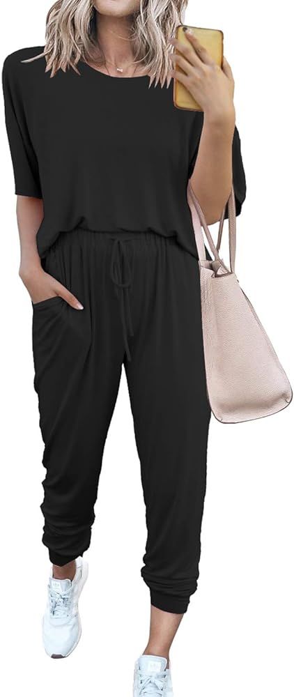PRETTYGARDEN Women’s Two Piece Outfit Short Sleeve Pullover With Drawstring Long Pants Tracksuit Jog | Amazon (US)