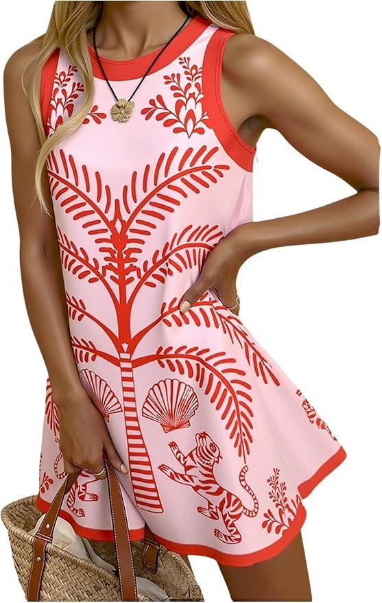 Floerns Women's Summer Holiday Mini Dress Graphic Sleeveless Tank Crew Neck Beach Vacation Sundre... | Amazon (US)