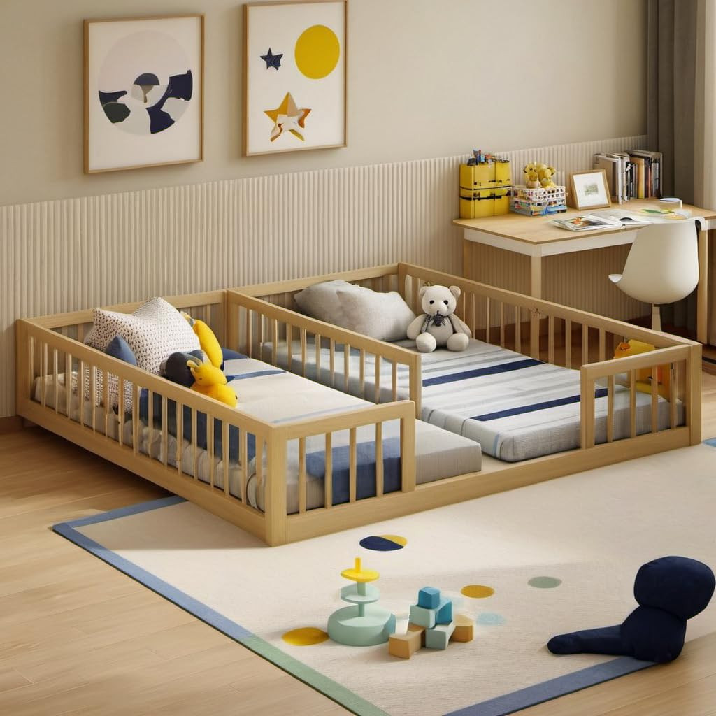 Twin Size Double Frame Floor Bed with Fence for Girls & Boys,Montessori Floor Bed w/Safety Guardr... | Amazon (US)