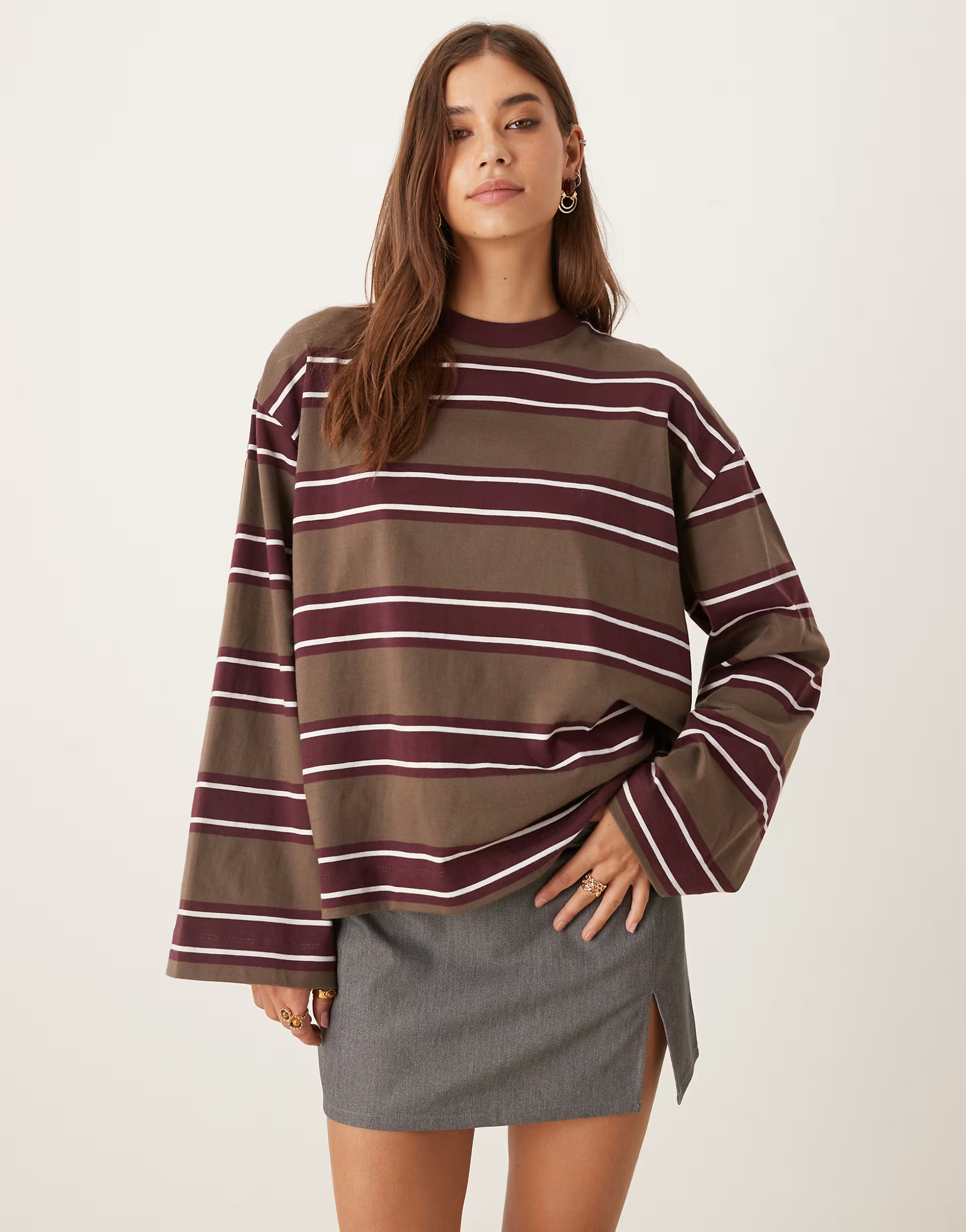 ASOS DESIGN long sleeve skater tee in khaki stripe | ASOS | ASOS (Global)
