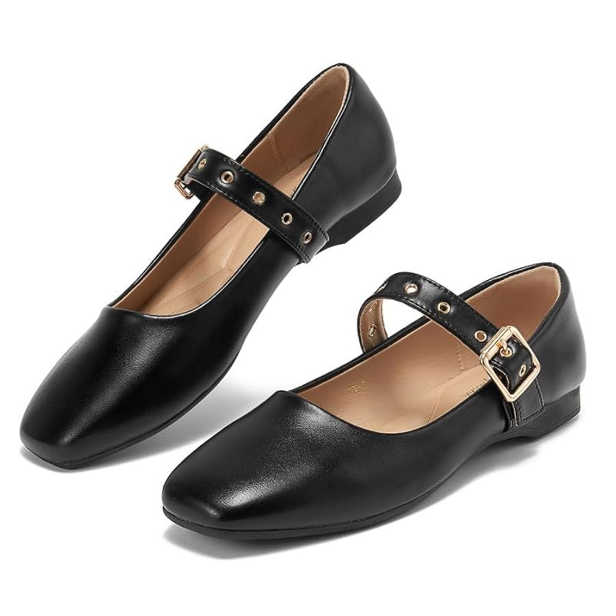 Black Velvet Ballet Flats - Mary Jane Shoes with Strap, Closed Toe Buckle Shoes for Women, PU, Si... | Amazon (US)