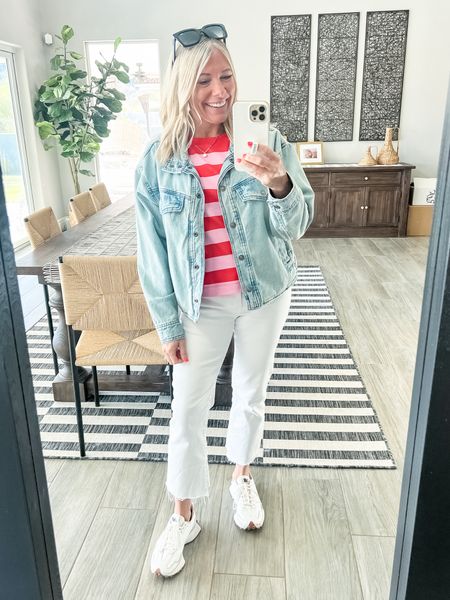 I love these flare white jeans with a striped T-shirt denim jacket and white new balance sneakers. Size 2 jeans extra small T-shirt and jacket. Shoes run true to size. Spring outfit ideas white denim.

#LTKover40 #LTKstyletip #LTKSeasonal